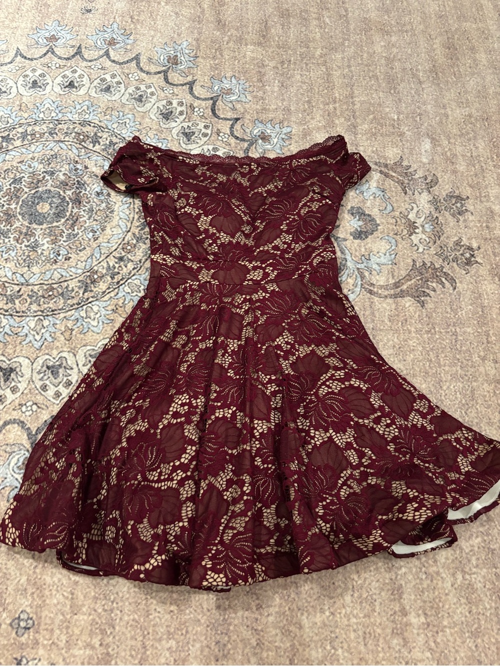 B. Darlin Beige and Burgundy Lace Dress